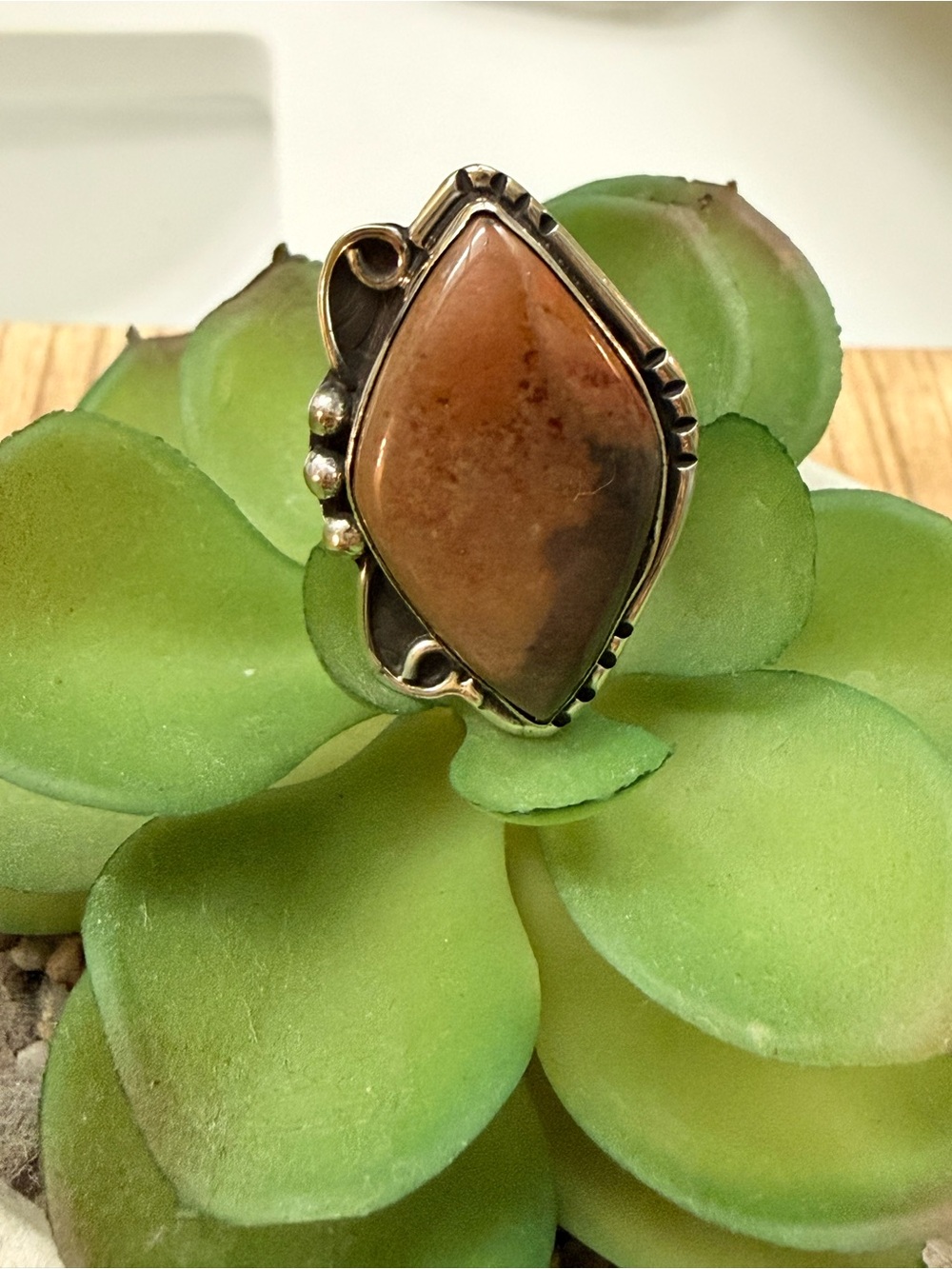 Handcrafted Brown Jasper Sterling Silver Statement Ring size 8